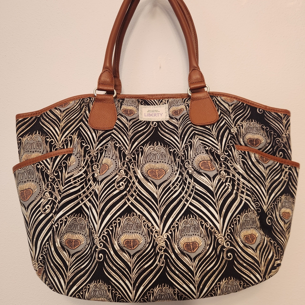 liberty Black Peacock Feather Tote with Brown Trim